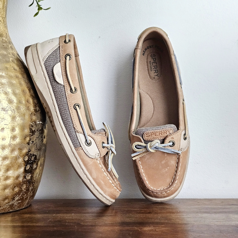 Sperry Women’s Memory Foam Boat Shoes – Tan Leather / Linen Mesh – Size 8